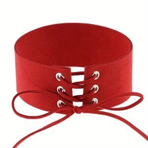 Leather Choker Collar Red Necklace Bondage Punk Goth Rave Role Play Costume